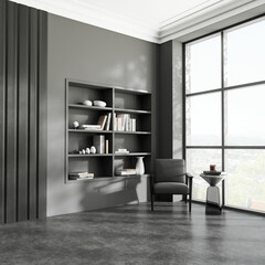 Corner view on dark living room interior with armchair, shelves