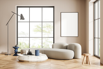 Light relaxing room interior with couch and panoramic window. Mockup frame