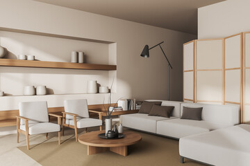 Fototapeta na wymiar Corner view on bright living room interior with sofa, armchairs