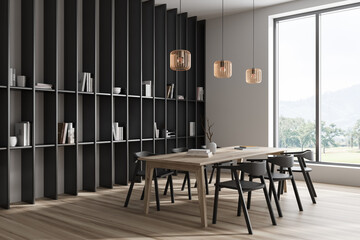 Light dining room interior with table and chairs, decoration and window