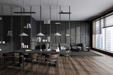 Grey living room interior with dining and chill area, shelf and panoramic window