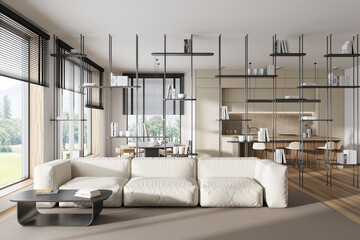 Stylish studio interior with chill and dining zone, panoramic window