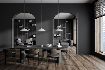 Grey living room interior with dining table and relax area, panoramic window