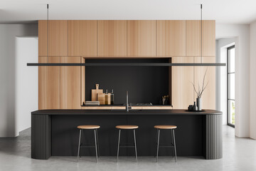 Modern kitchen interior with bar countertop and seats, panoramic window