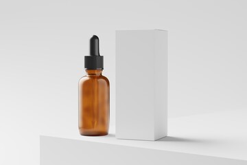 Amber Glass Dropper Bottle 3D Rendering White Blank Mockup