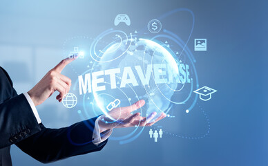 Businessman finger touch digital globe with metaverse and web icons