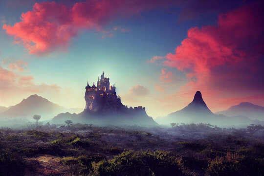 Fantasy castles on the green mountain background. 3D illustration