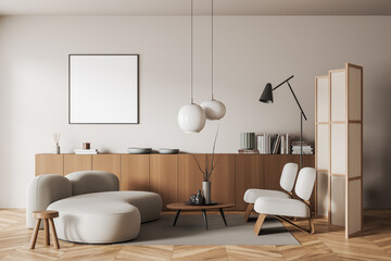 Light relax room interior with couch and modern decoration. Mockup frame