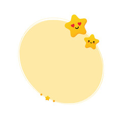 Oval frame, card template, background with cute golden star characters  for kids, children design.
