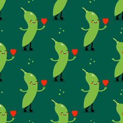 Cute cartoon style edamame, green soy beans character holding red heart vector seamless pattern background.