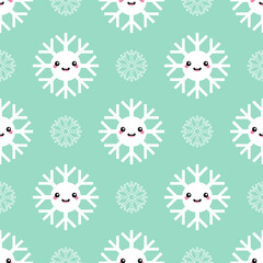 Cute and happy snowflakes characters, snow vector seamless pattern background for winter holidays design.
