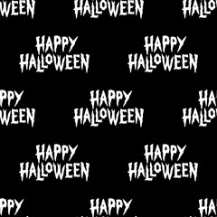 HAPPY HALLOWEEN TEXT BANNER SEAMLESS PATTERN WHITE BLACK BACKGROUND
