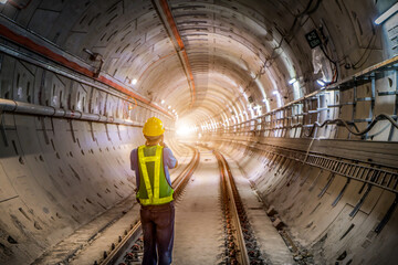 Soft focus and blurred lighting background of focus at engineer or technician control. Underground tunnel infrastructure. Transport pipeline by Tunnel Boring Machine for electric train subway - obrazy, fototapety, plakaty