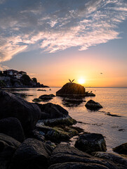 Fototapeta na wymiar Dramatic Sozopol sunrise black sea coast Bulgaria with silohetted coastal rocks and sea birds