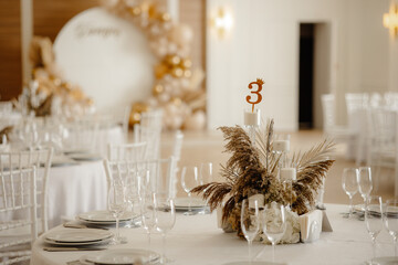 wedding table decoration, Served dinner table in a restaurant. Restaurant interior, table setting for a dinner, table set for a dinner.