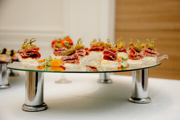 Canapes of appetizer , catering buffet table.buffet at the reception.
