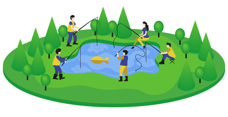 Modern minimalistic isometric clipart of fishermen on the lake in the forest. Vector illustration of many men and women catching goldfish in the pond