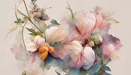Flowers in a watercolor style. Drawn on a textured background in pastel colors, fit the photo wallpaper into rooms or home interiors. 3D render. - obrazy, fototapety, plakaty