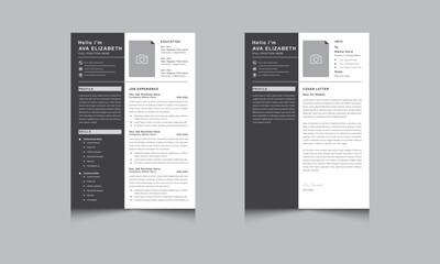 Modern Resume CV Layout with Cover Letter and Black Sidebar Design Accents Set