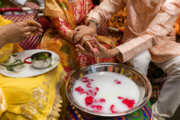 Indian Punjabi after wedding pani varna and doli ceremony milk and rose petals close up  - obrazy, fototapety, plakaty