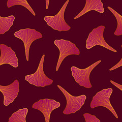 Floral seamless pattern with ginkgo leaf. Botanical fabric print template. Vector outline hand drawn pink illustration.