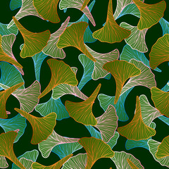 Floral seamless pattern with ginkgo leaf. Botanical fabric print template. Vector layout outline hand drawn illustration.