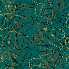 Floral seamless pattern. Botanical luxury fabric print template. Vector illustration with lily flowers outline on green background.