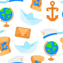 Seamless pattern with touristic items like treasure map, globe, sailor cap, paper boat, anchor. Endless texture about travel and tourism. Flat vector illustration on white background.