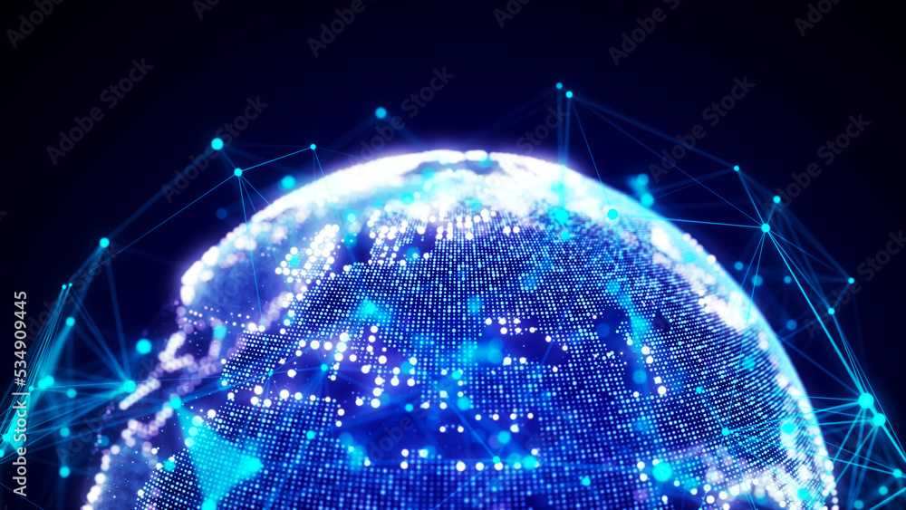 Poster Abstract planet Earth with particles and a connected shell with lines. Global network connection. Science and technology. 3D rendering.