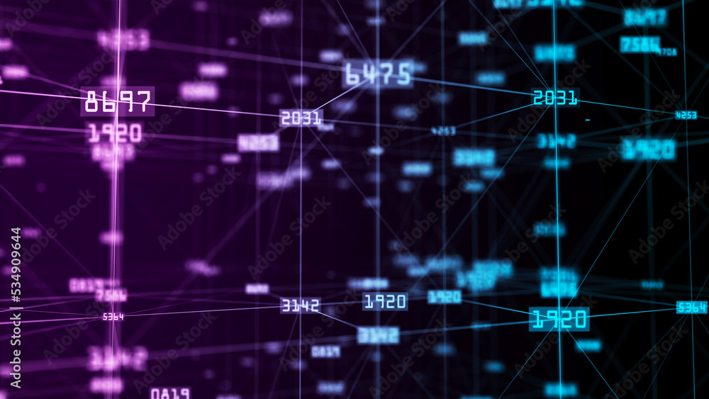 Poster The concept of data connection in the blockchain network. Digital cyberspace data flow background. Network connections structure. Big data visualization. 3D rendering.