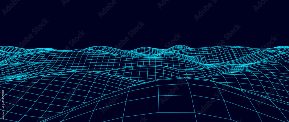 Aufkleber digital wavy wireframe landscape. futuristic linear undulating terrain. digital cyberspace in mounta