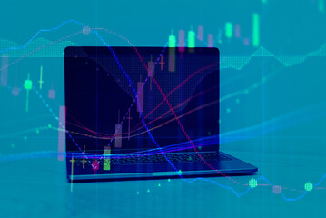 Double exposure of young business man and digital number of stock market background to represent successful in investment marketing. Find out the best solution in business and financial as concept.