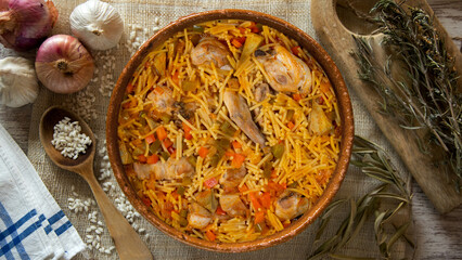 Paella with noodles, rabbit and vegetables. Tapa typical of the Spanish coast.