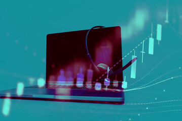 Double exposure of young business man and digital number of stock market background to represent...