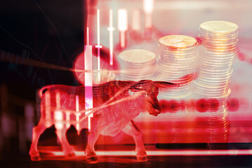 Close up of young business man and digital number of stock market background to represent successful in investment marketing. Find out the best solution in business and financial as concept.