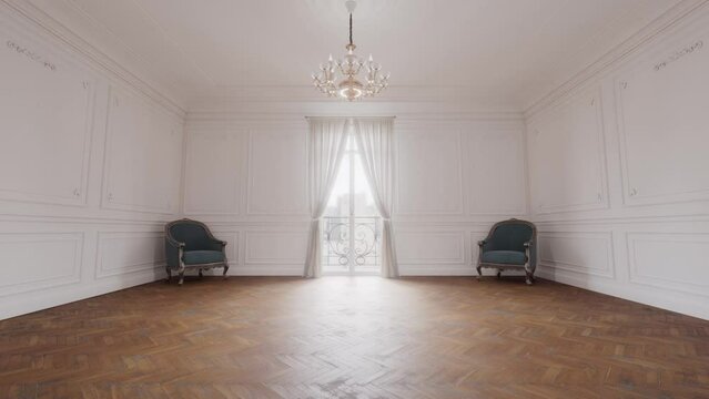 Animation 3D d'un appartement de type haussmannien avec parquet et murs blancs. Avec lustre et deux fauteuils et vue sur porte fen&ecirc;tre.