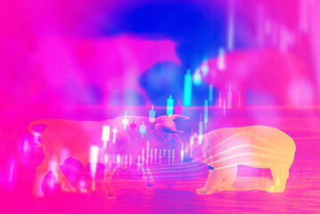 Double exposure of young business man and digital number of stock market background to represent successful in investment marketing. Find out the best solution in business and financial as concept.