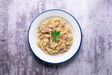 Catalan butifarra sausage risotto with parmesan. Mixed Spanish and Italian recipe.