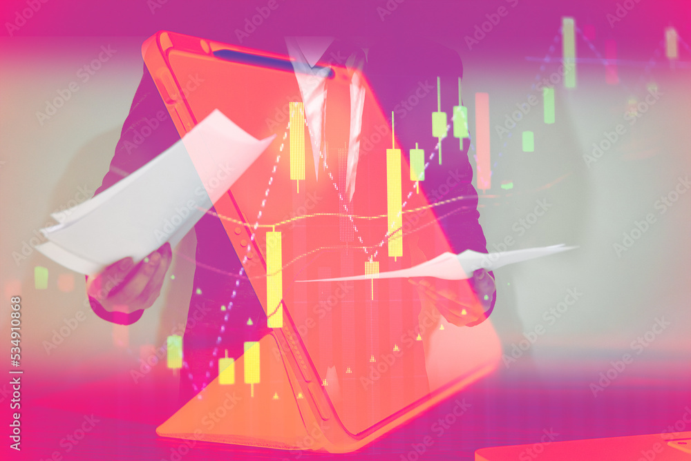 Poster stock market data on digital led display. fundamental and technical analysis with candle stick graph