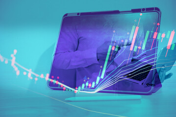 Stock market data on digital LED display. Fundamental and technical analysis with candle stick graph chart of stock market trading to represent about Bullish and Bearish point.