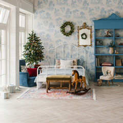 Christmas bedroom interior in blue tones. A cozy home moment on the eve of the holiday