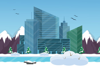 Beautiful winter landscape of a modern city. Vector illustration. - 534911295