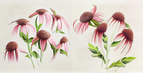 Echinacea. Botanical illustration on white paper. The best medicinal plants, their effects and contraindications. Natural medicine. Plant properties. - obrazy, fototapety, plakaty