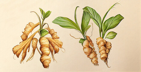 Ginger (Zingiber Officinale). Botanical illustration on white paper. The best medicinal plants,...