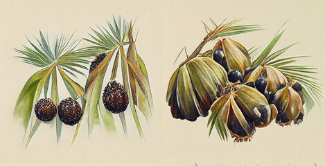 Saw palmetto (Serenoa repens). Botanical illustration on white paper. The best medicinal plants,...