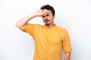 Young man with moustache isolated on white background with tired and sick expression