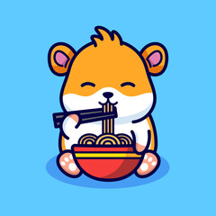 Cute hamster eating noodle cartoon illustration