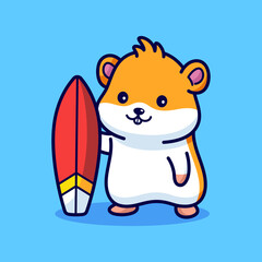 Cute hamster with surfboard cartoon illustration