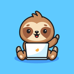 Cute sloth working on laptop illustration