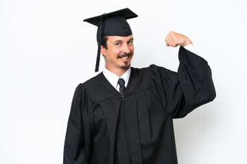 Young university graduate man isolated on white background doing strong gesture